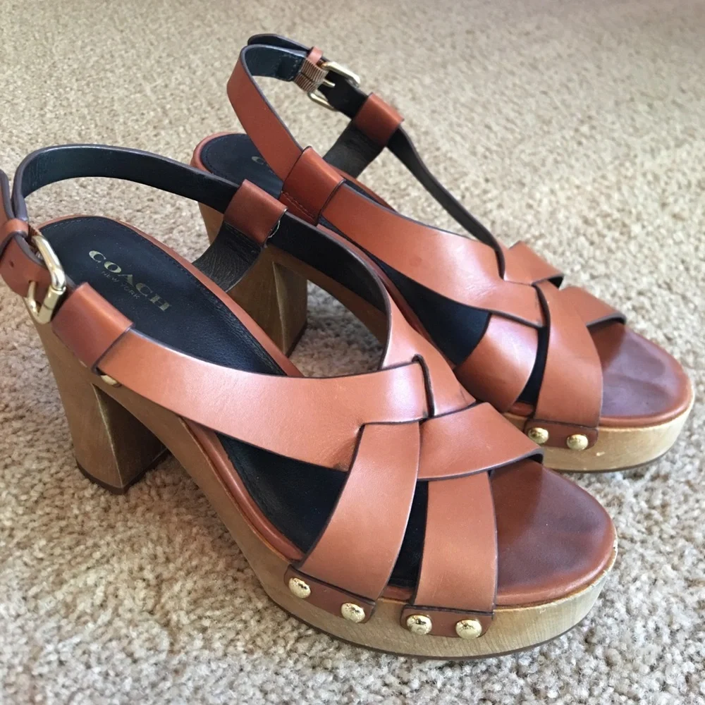 Coach Cognac Leather Platform Sandals with Studded Wood Heel